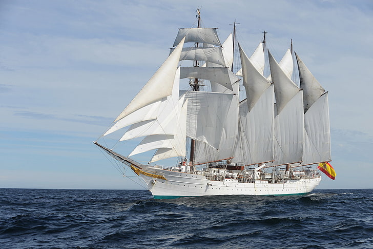 white galleon ship, sea, wave, training, Juan Sebastián Elcano, HD wallpaper