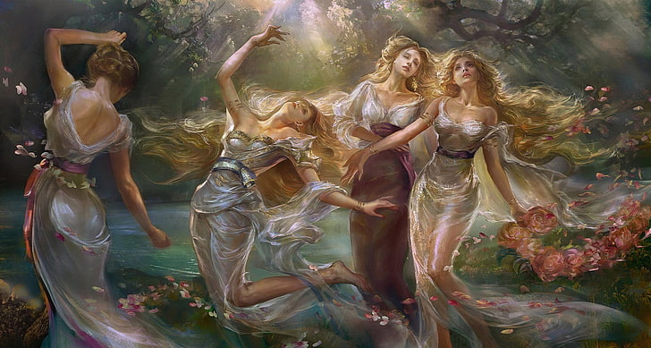 four female wearing white dresses painting, fantasy art, artwork, HD wallpaper
