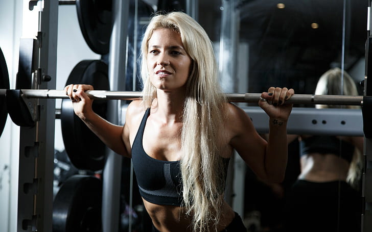 Weight lifting, woman, blonde, fitness, weight bar, HD wallpaper