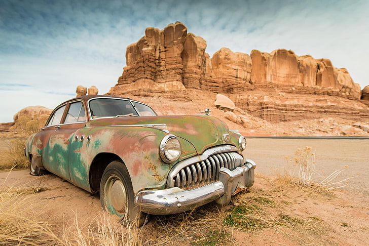 car, wreck, rock formation, desert, mode of transportation, HD wallpaper
