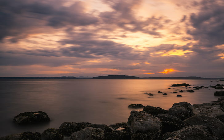 rock formation near ocean water during yellow sunset, Denouement, HD wallpaper