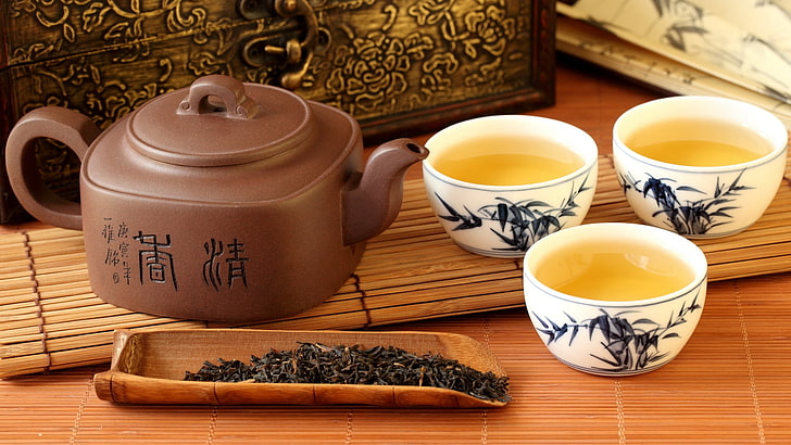 brown teapot, cups, drink, tea - Hot Drink, tea Cup, heat - Temperature