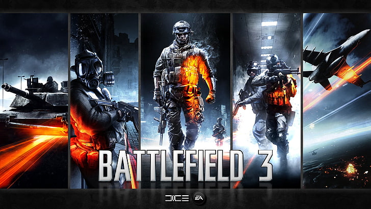 Battlefield 3 game poster, collage, video games, illuminated