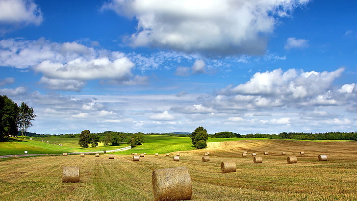 Farm field nature landscape, hay, summer, cloudy sky, HD wallpaper