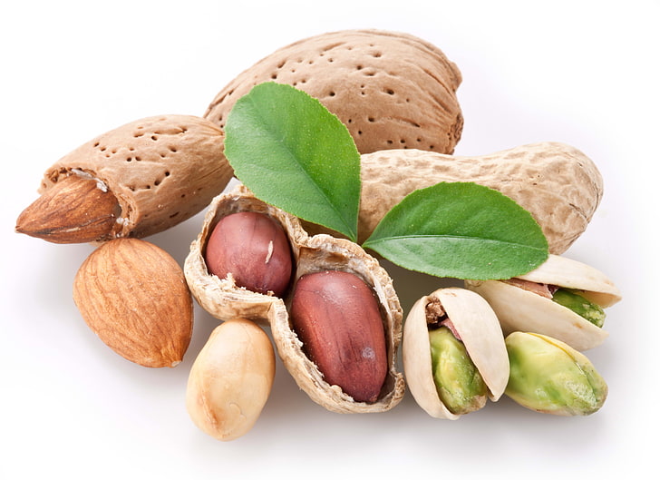 brown nuts, peanuts, pistachios, leaves, nutshell, nut - Food, HD wallpaper