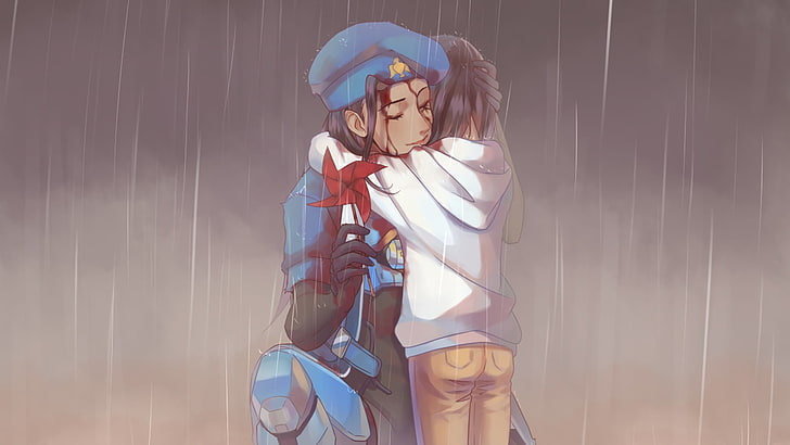 man and boy hugging under the rain illustration, video games