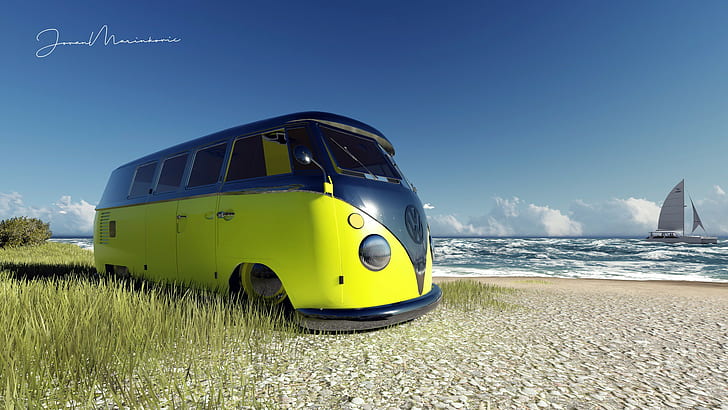 beach, car, render, volkswagen, VW Kombi, yellow