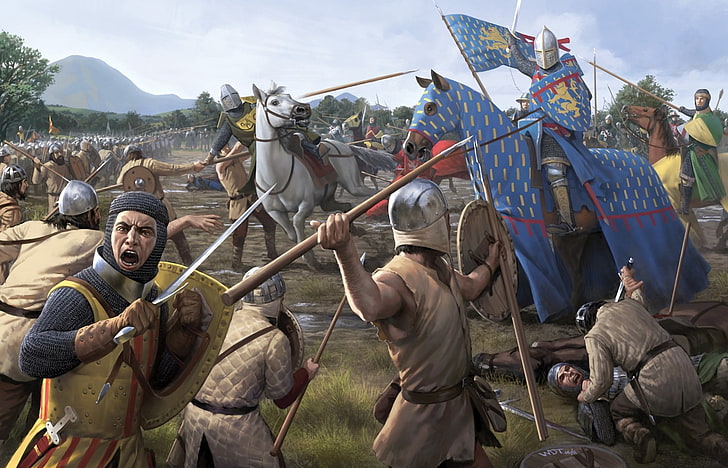 knights at war illustration, weapons, horse, sword, art, spear, HD wallpaper