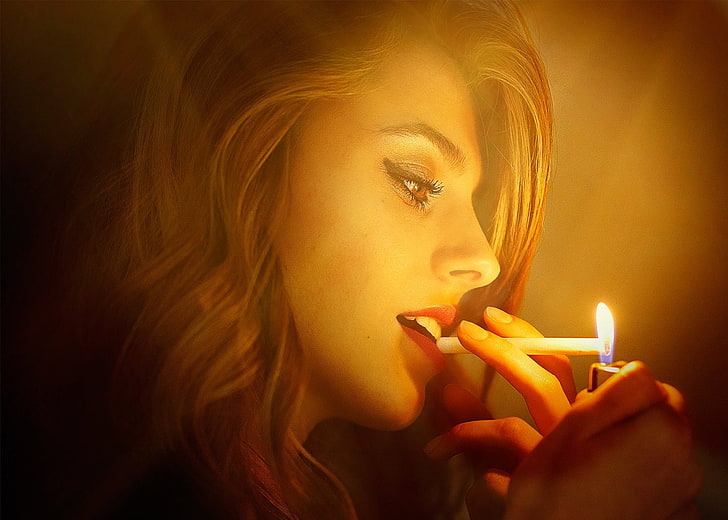 women, smoking, redhead, brown eyes, Caucasian, cigarettes