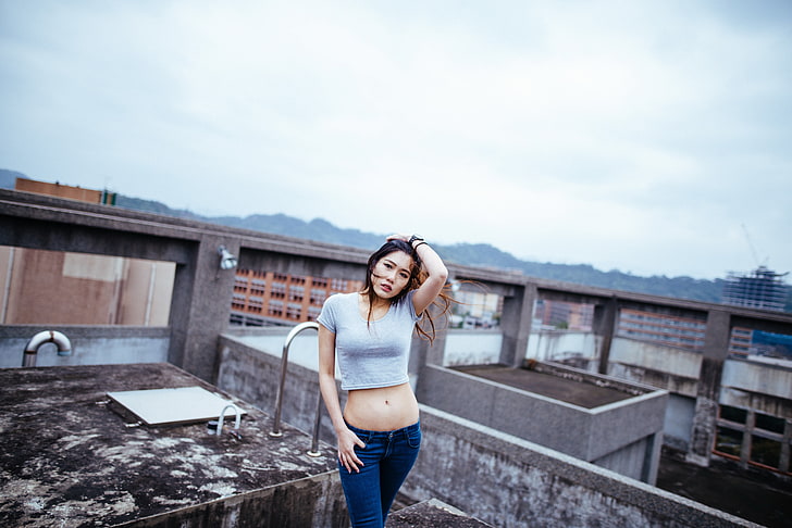 Asian, women, model, rooftops, belly, crop top, bare midriff, HD wallpaper