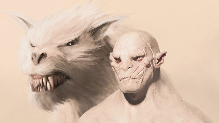 Azog the Defiler - The Hobbit, man with pointed ears beside white wolf painting HD wallpaper