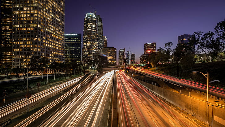 view of buildings with road during night time, highway 110, los angeles, highway 110, los angeles