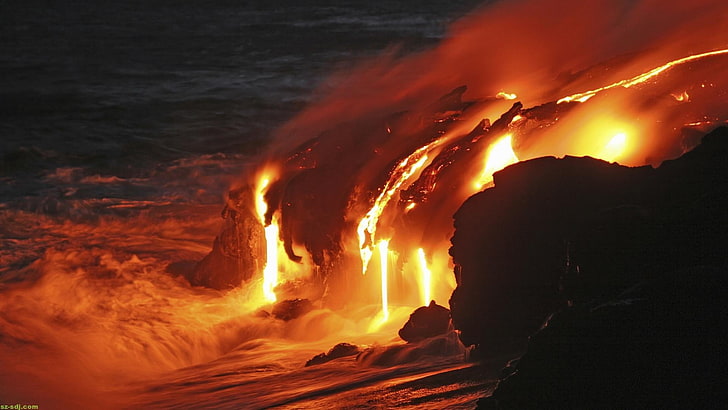 orange lava, volcano, nature, sea, red, black, geology, water, HD wallpaper