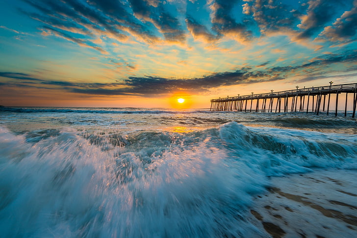 sea, sky, blue, sunlight, pier, water, sunset, cloud - sky, HD wallpaper
