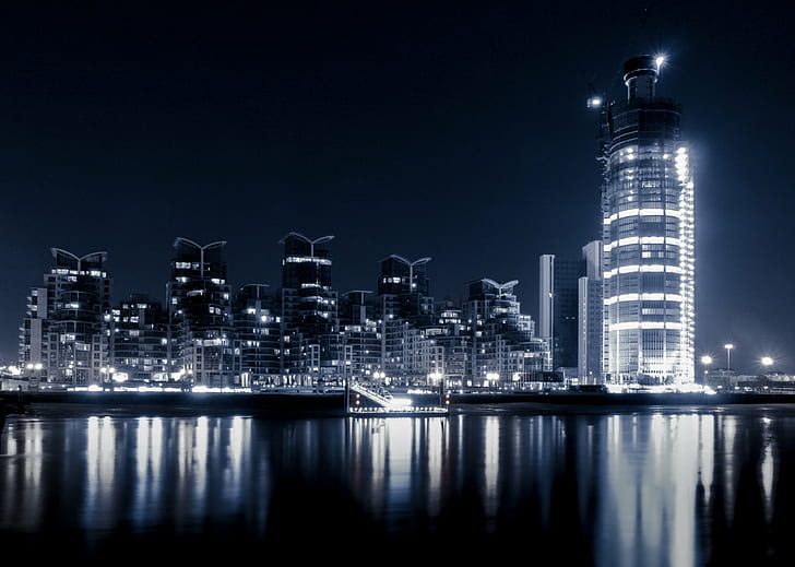 lighted building surrounded with body of water, Night, Cityscape, HD wallpaper