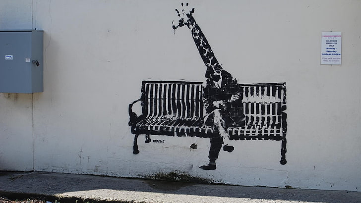 giraffe sitting on bench wall art, artwork, animals, graffiti