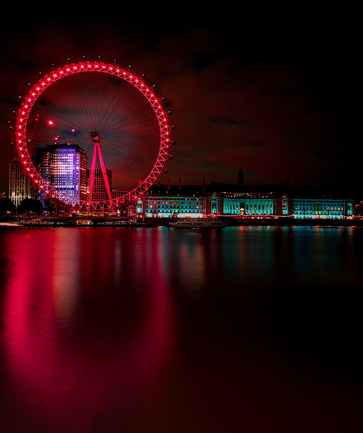 red Ferris wheel, night city, london, united kingdom, amusement park ride, HD wallpaper