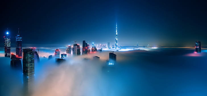 cityscape, mist, night, clouds, building, Dubai, skyscraper, HD wallpaper