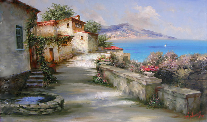 white house near sea and mountain painting, landscape, The sun