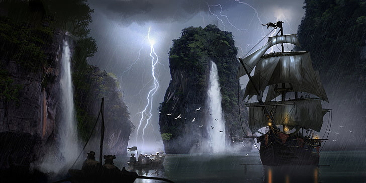 brown galleon ship wallpaper, lightning, boat, waterfall, art, HD wallpaper