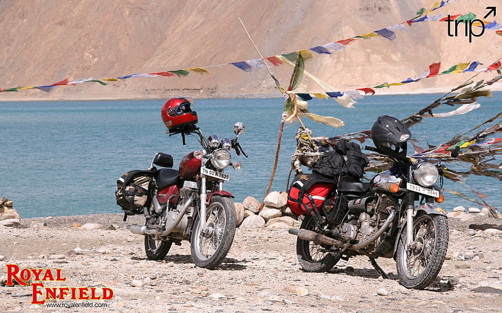 Two Royal Enfield, red Royal Enfield standard motorcycle, Motorcycles