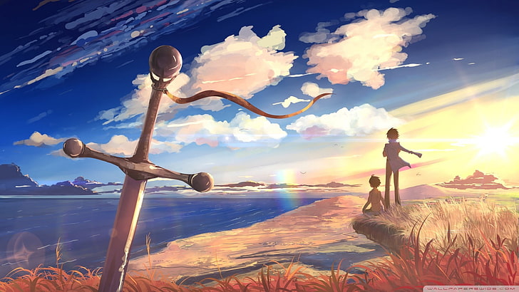 girl and boy anime character, digital art, sky, cloud - sky, real people, HD wallpaper