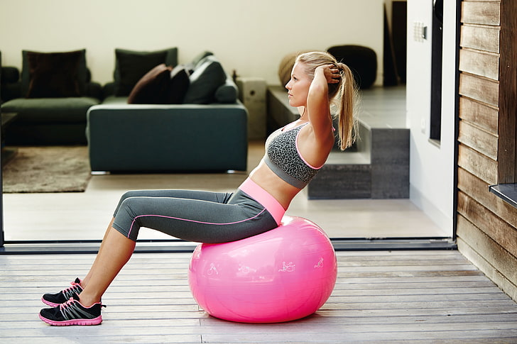 pink stability ball, women, yoga pants, blonde, ponytail, balls, HD wallpaper