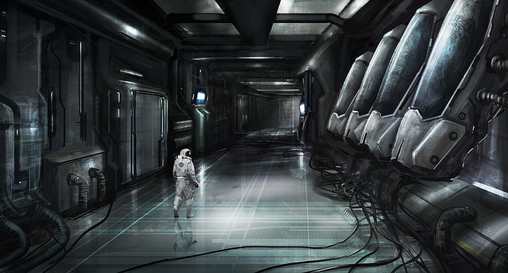 game wallpaper, futuristic, artwork, digital art, spacesuit, wires