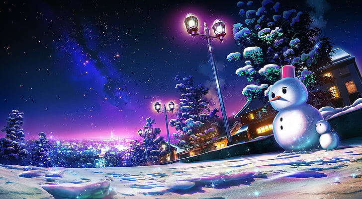 HD wallpaper: anime landscape, snowman, cityscape, night, scenic, houses |  Wallpaper Flare