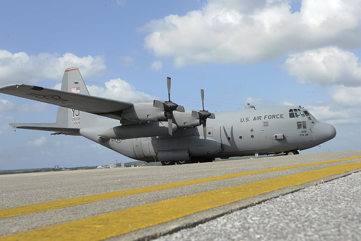 gray U.S. Air Force airplane, clouds, the plane, the airfield, HD wallpaper