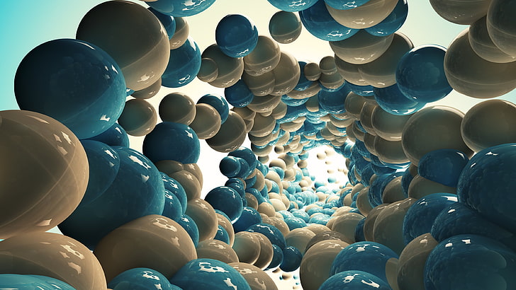 blue-and-beiges balls wallpaper, digital art, sphere, 3D, reflection