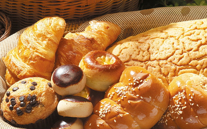 assorted pastries, bread, rolls, buns, cakes, chocolate, donuts