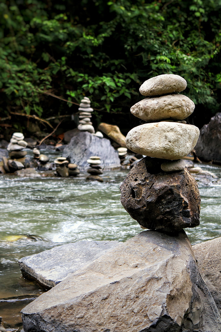 nature, river, rock, stone, Equilibrium, zen, stack, solid