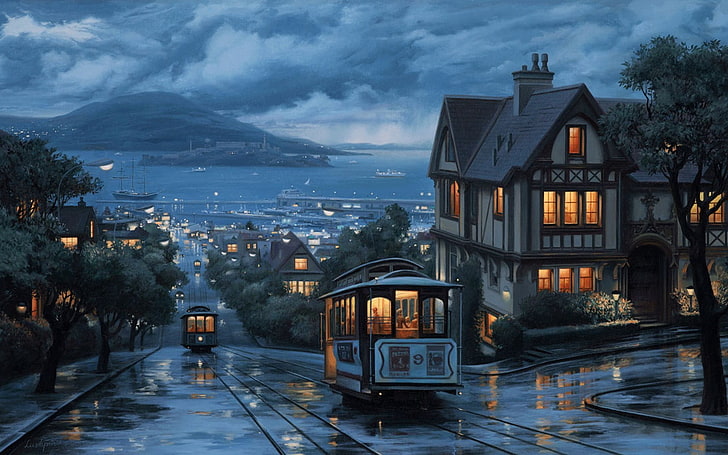grey tram illustration, San Francisco, cityscape, cable cars