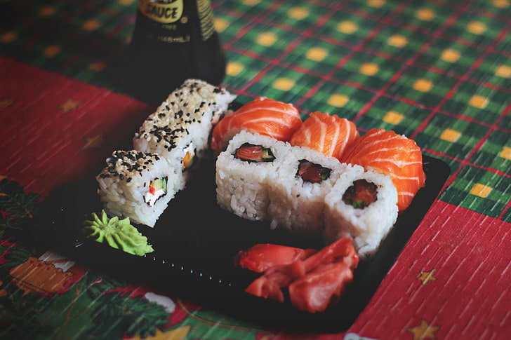 sushi and salmon platter, food, japanese food, seafood, food and drink