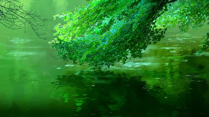 green trees, green leafed plants over body of water, fantasy art, HD wallpaper