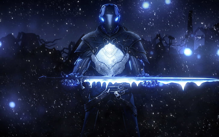 robot holding sword digital wallpaper, fantasy art, warrior, ice
