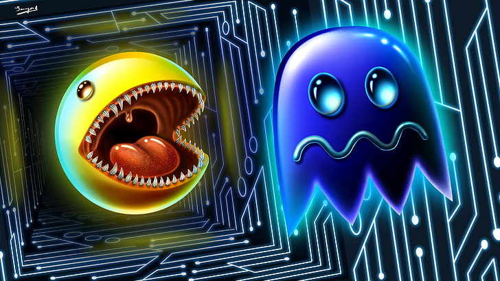 Pac-Man 3D wallpaper, digital art, artwork, video games, retro games