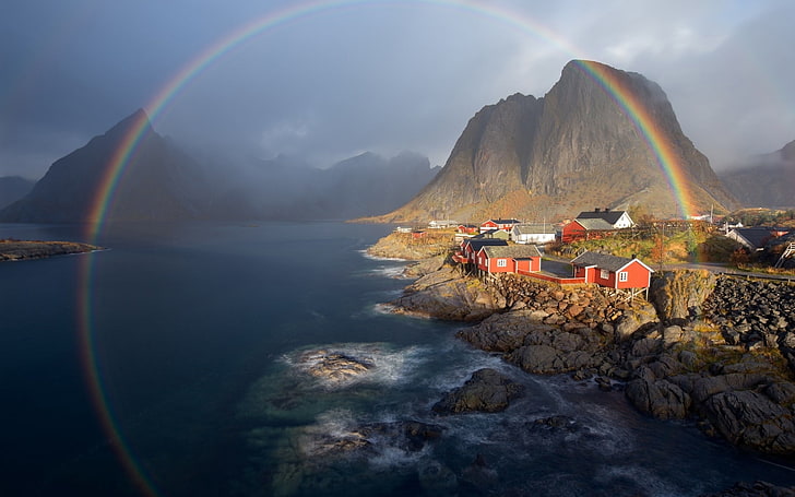 nature wallpaper, landscape, water, trees, house, Norway, rainbows, HD wallpaper