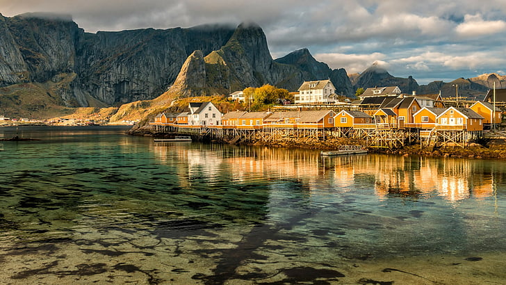 landscape, lofoten, norway, sakrisoya island, village, fjord, HD wallpaper