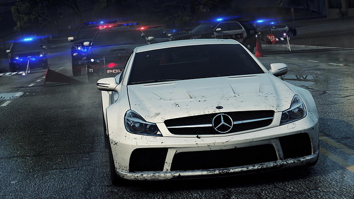 white Mercedes-Benz super car, Need for Speed, nfs, racing, Black Series, HD wallpaper