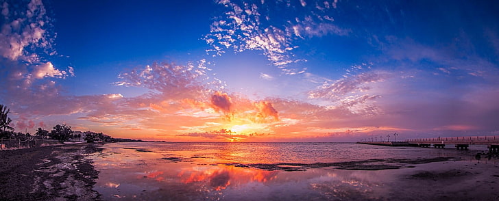 panoramas, beach, bridge, Florida, sea, clouds, reflection, HD wallpaper
