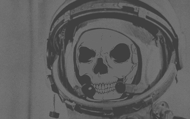 gray and black skull sketch, space suit, close-up, indoors, no people