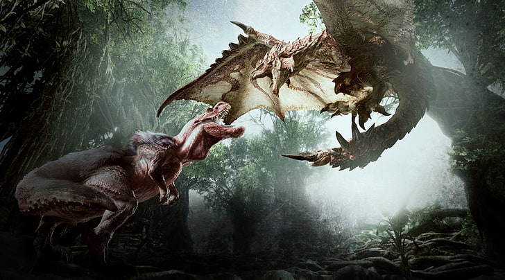 Monster Hunter World 2018 Video Game, dragon vs dinosaur wallpaper, HD wallpaper