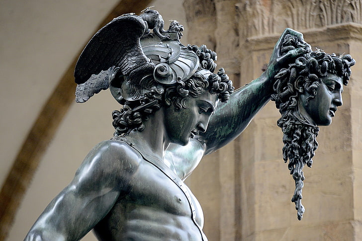 man holding head statue, Italy, face, architecture, snake, Medusa, HD wallpaper
