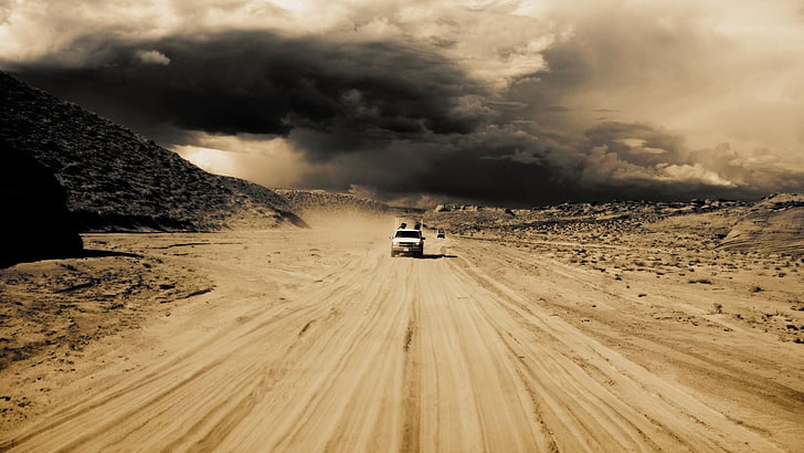 car, dune, sand, soil, desert, landscape, sky, travel, sun, HD wallpaper