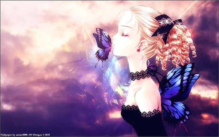 yellow-haired female anime character with blue butterfly wings digital wallpaper