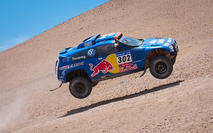 Blue, Volkswagen, Speed, Race, Red Bull, Touareg, Rally, Dakar, HD wallpaper