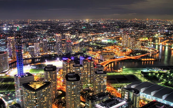 city, HDR, cityscape, light trails, city lights, Yokohama, HD wallpaper