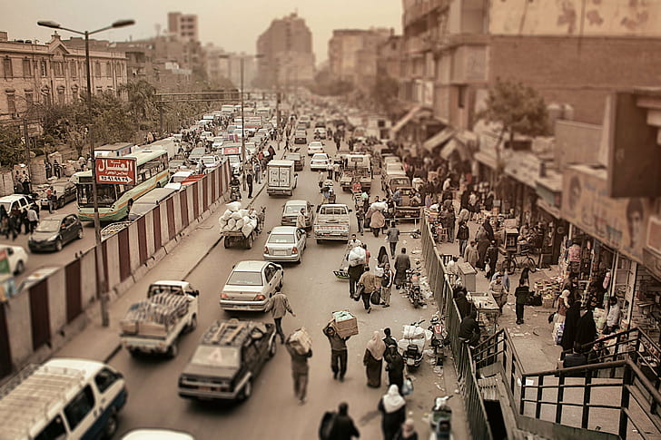 busy streets in sepia photography, Shared space, cairo, egypt